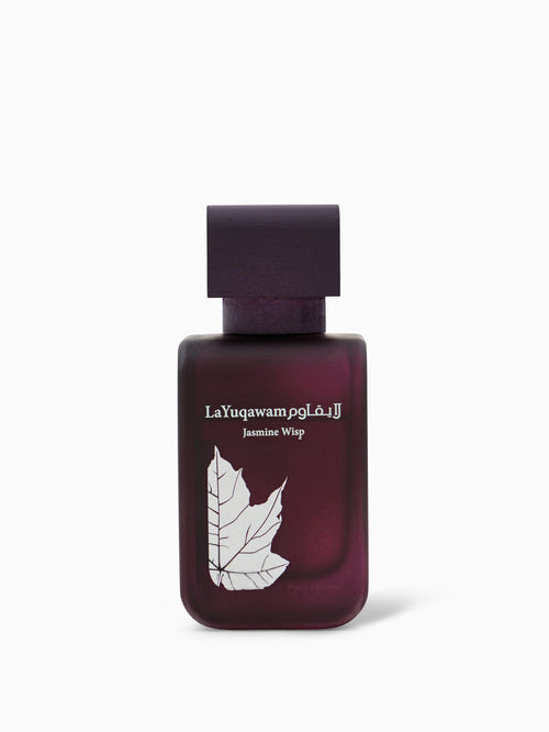 A purple bottle of La Yuqawam Jasmine Wisp perfume with a leaf design and white text.