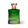 Green perfume bottle with gold cap on a white background